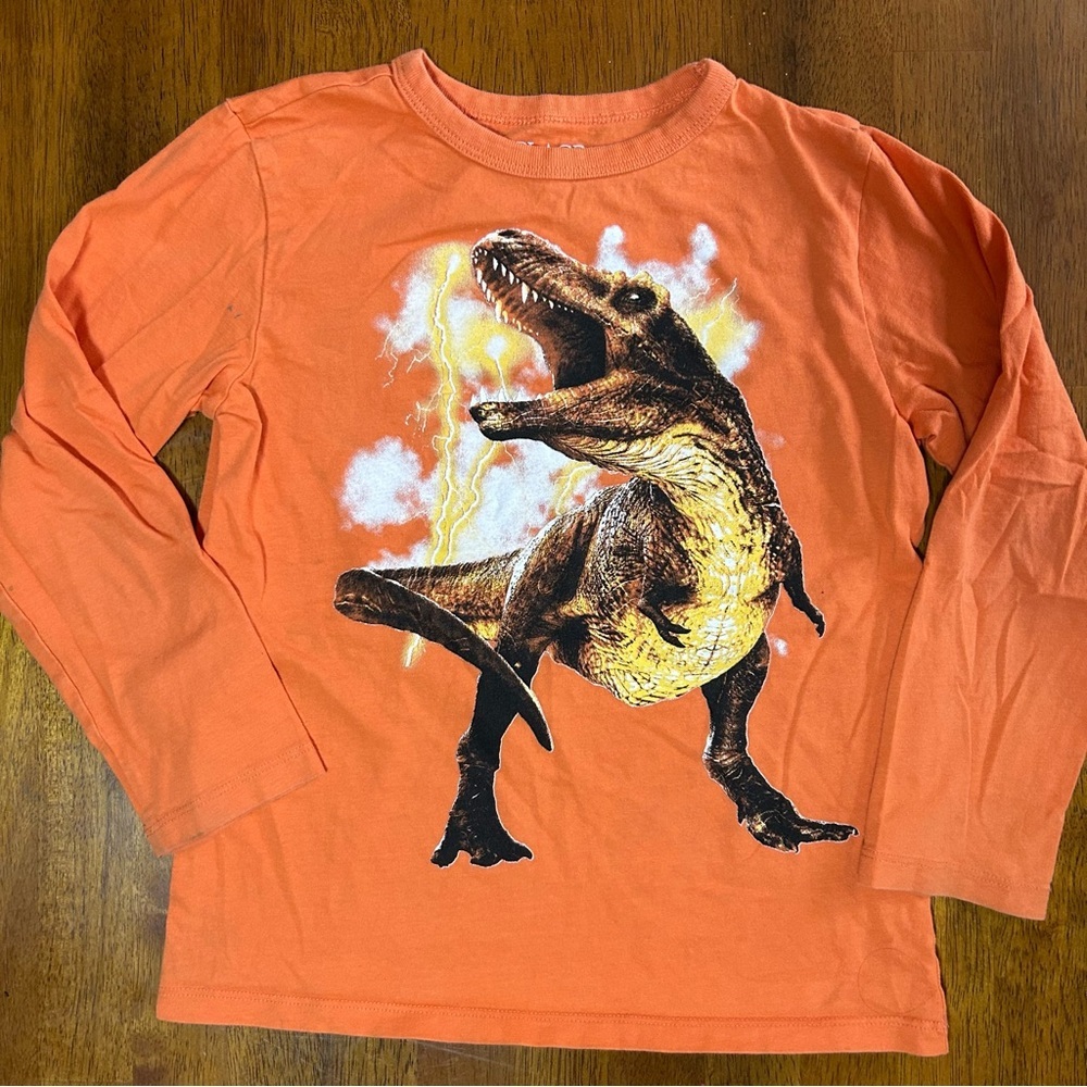 Orange Dinosaur Long Sleeve Graphic Tee Shirt | Boys S(5/6) | T-Rex & Lightening